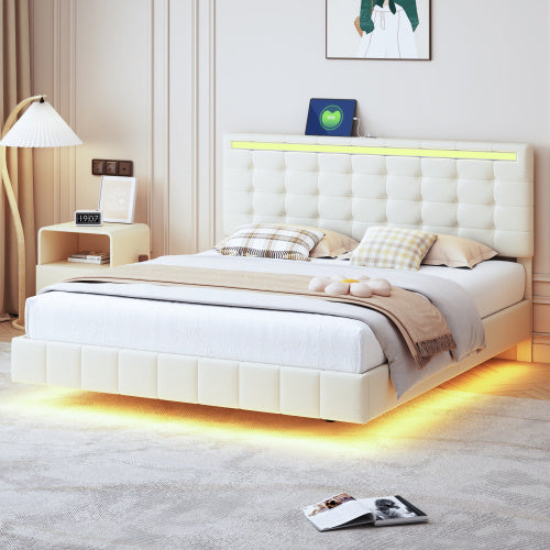 Beige LED Bed with Floating Effect and Soft Lighting