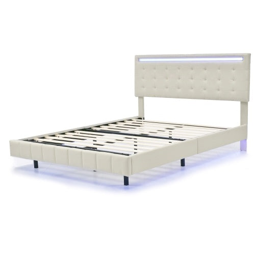 alt="Beige LED Bed with Floating Effect and Soft Lighting"
